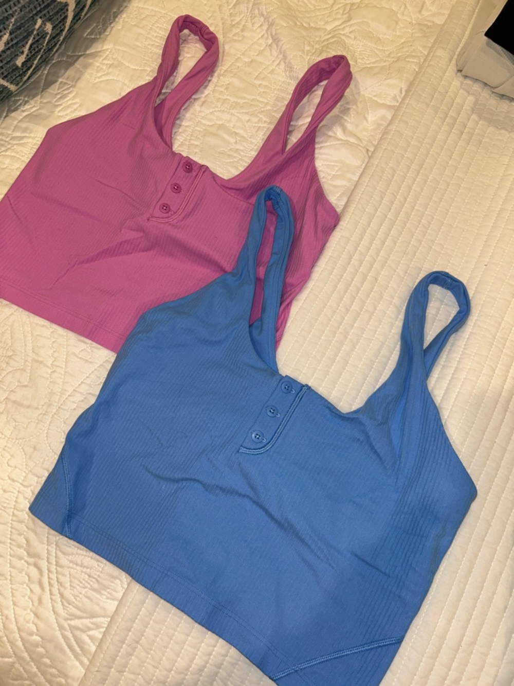 lululemon Pink and Blue Ribbed Henley Tank Crop Tops